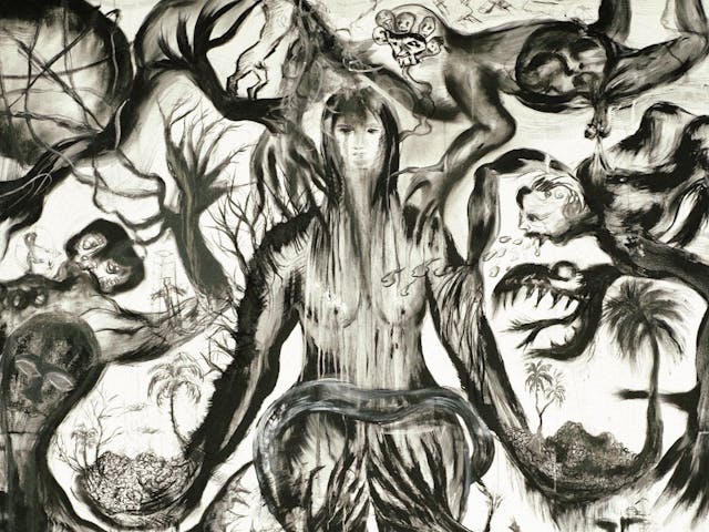 A hand-drawn artwork featuring several swirling ghoul-like figures surrounding a central human-like characture.
